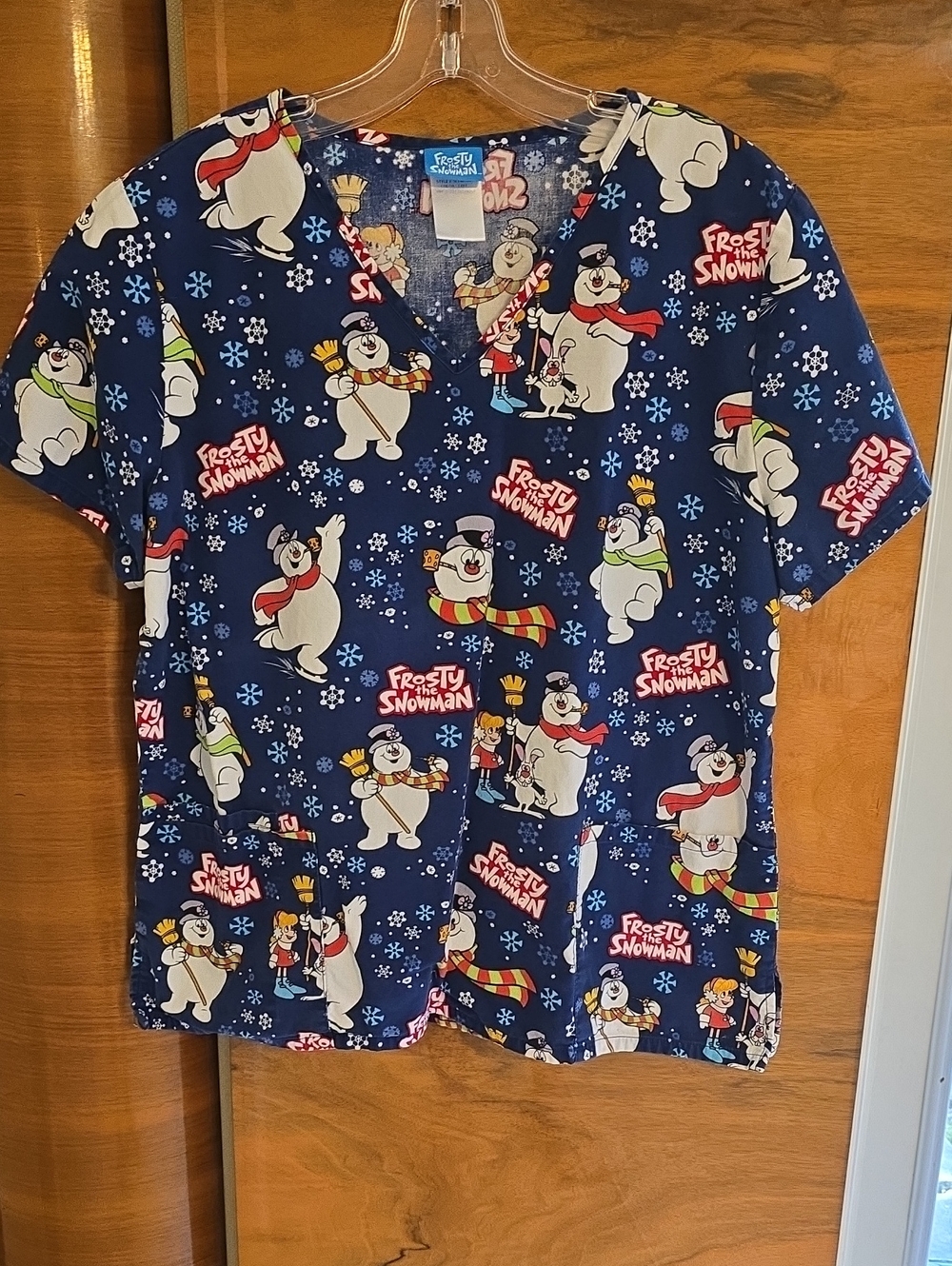 Frosty the Snowman Navy Women's Scrub Top, Christmas, Size L